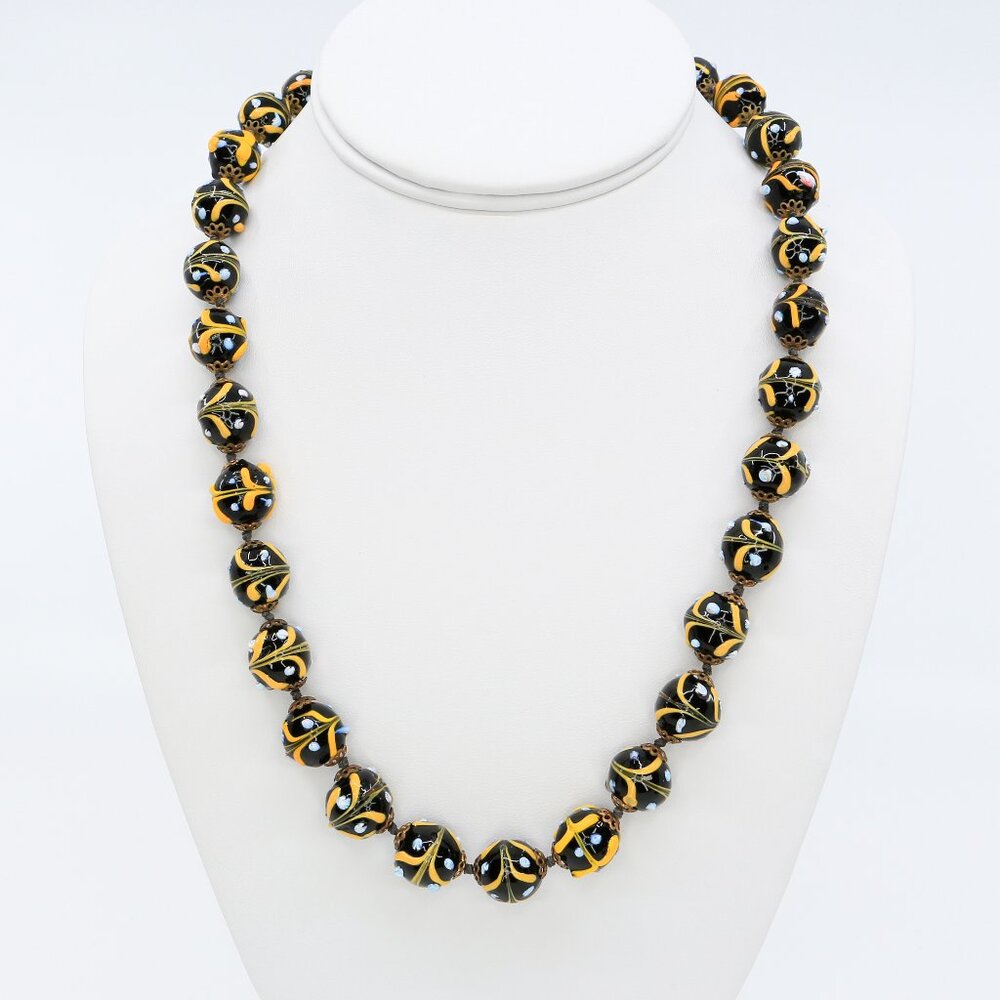 Vintage Handmade Lampwork Glass Beads‎ Necklace UV Glow Black and Yellow 1930s